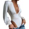 Chic Solid Plunging Neck Lantern Sleeve Bodysuit - Image 2