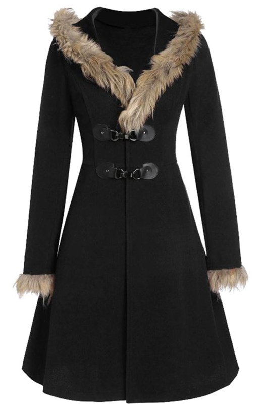 Women’s Solid Color Faux Fur Trim With Toggle Front Closure Hooded Coat ...