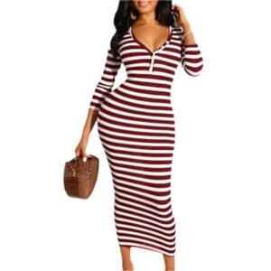 Sexy striped midi bodycon dress Women autumn winter female