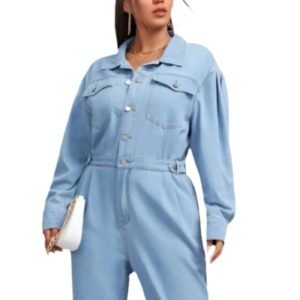 Button Front Pocket Design Long Sleeve Light Blue Jumpsuit