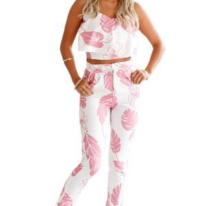 Pink Mottled Print Flounced Crop Top and Pant Set