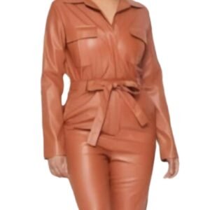 Self Belted Button Up Shirt Leather Jumpsuit Long Sleeve