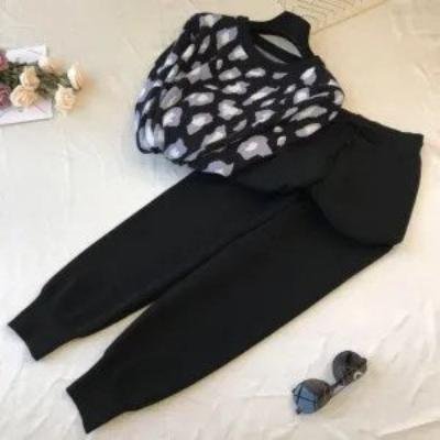 Casual Knitted Long-sleeved Pants Printed Beaded Pullover + Double Pocket Lace Pants