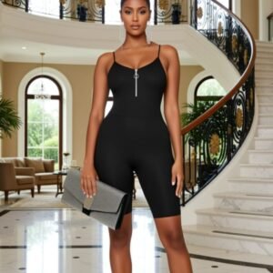 BLACK RIB ZIP FRONT STRAP ROMPER