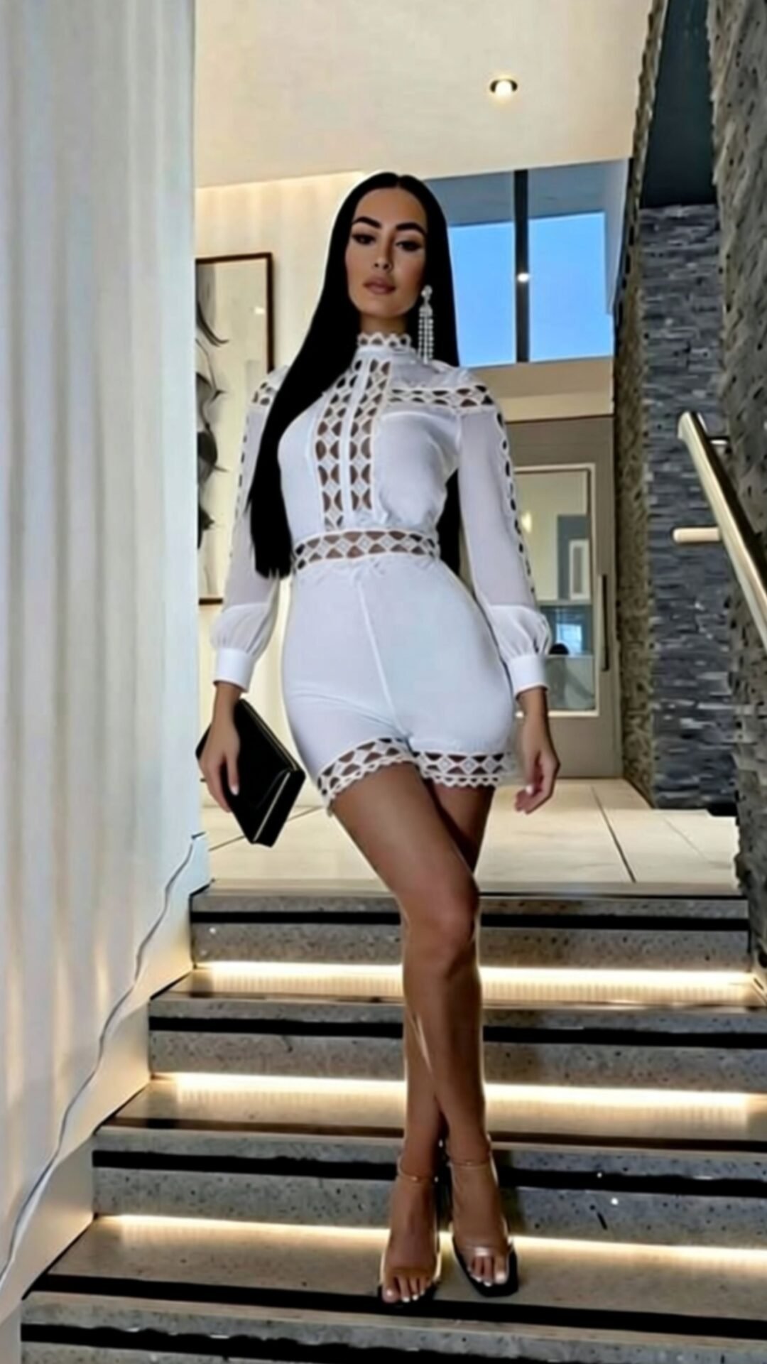 WHITE LACE TRIM HIGH NECK PLAYSUIT