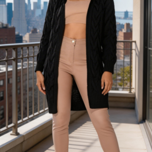 Chunky Cable Knit Hooded Edge To Edge Midi Cardigan