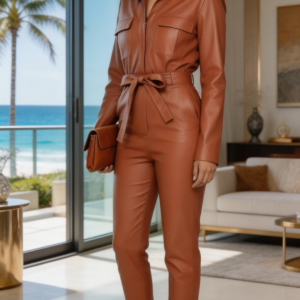 Self Belted Button Up Shirt Leather Jumpsuit Long Sleeve