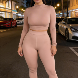 2 Piece Outfits Sexy Bodycon Long Sleeve Crop Top with Long Pants T...