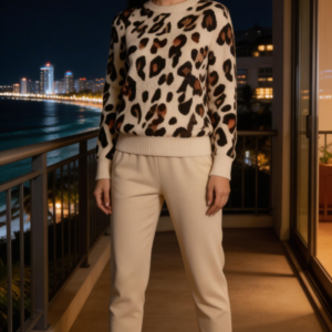 Two-piece Casual Knitted Long-sleeved Pants Printed Beaded Pullover + Double Pocket Lace Pants