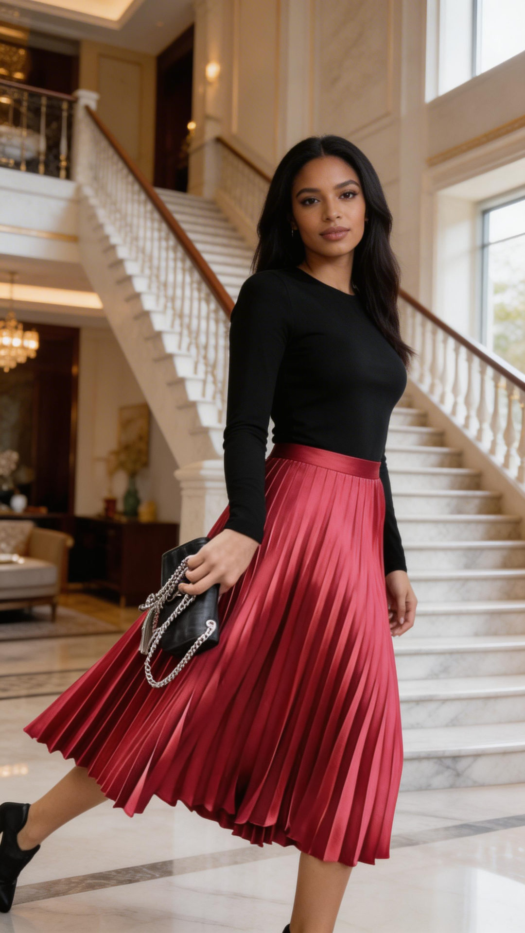 Pleated Silk Chic Long Skirt With Elastic Waist