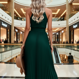 Women's 2023 Summer Sleeveless Halter Neck Pleated Midi Cocktail Dress A Line Flowy Beach Sun Dress with Belt