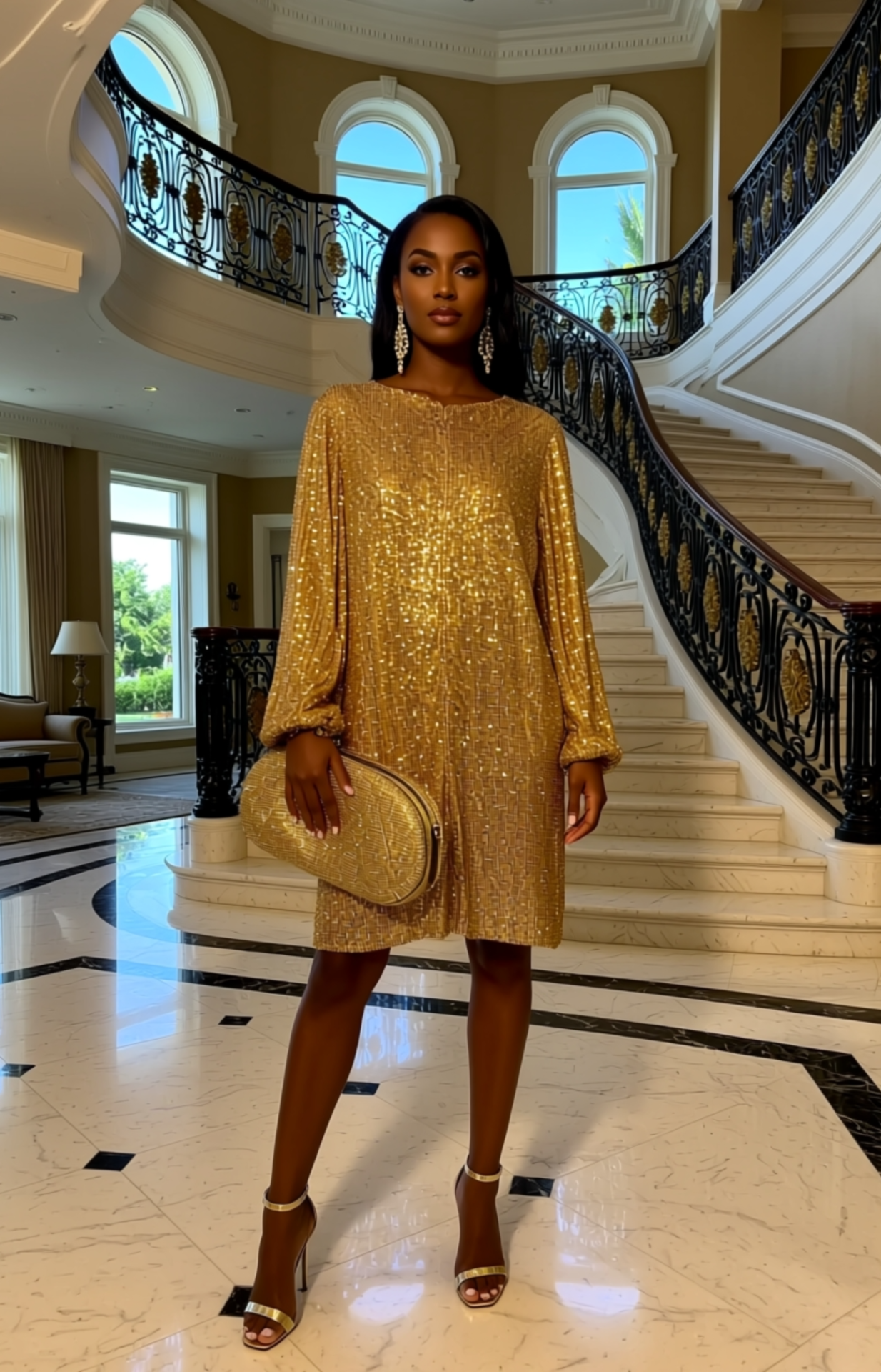Preston & York Rosa Jewel Neck Long Blouson Sleeve Sequin Dress
